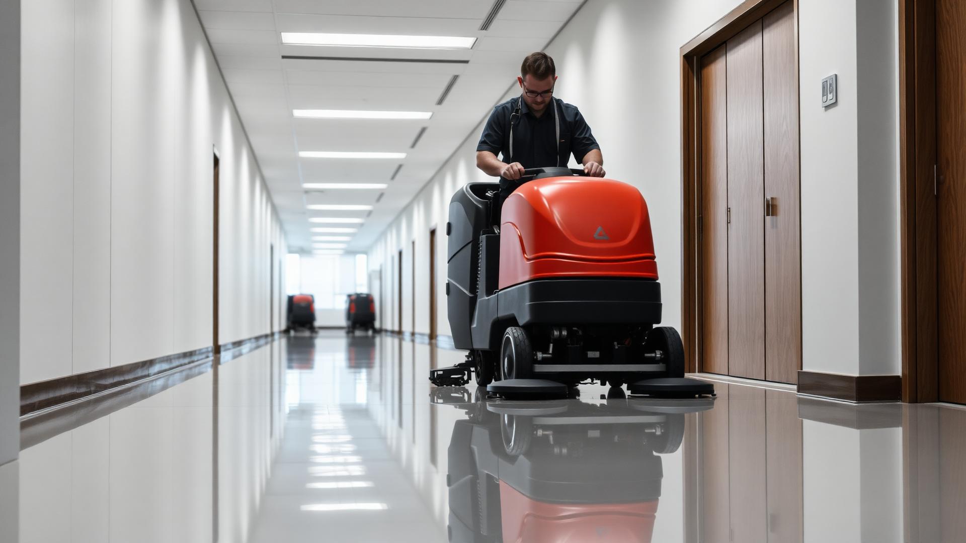 Commercial cleaning technician maintaining a corporate office corridor in Tampa Bay